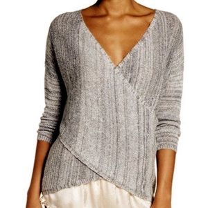 Chelsea28 Cross Front Sweater Gray Wrap Small Wool